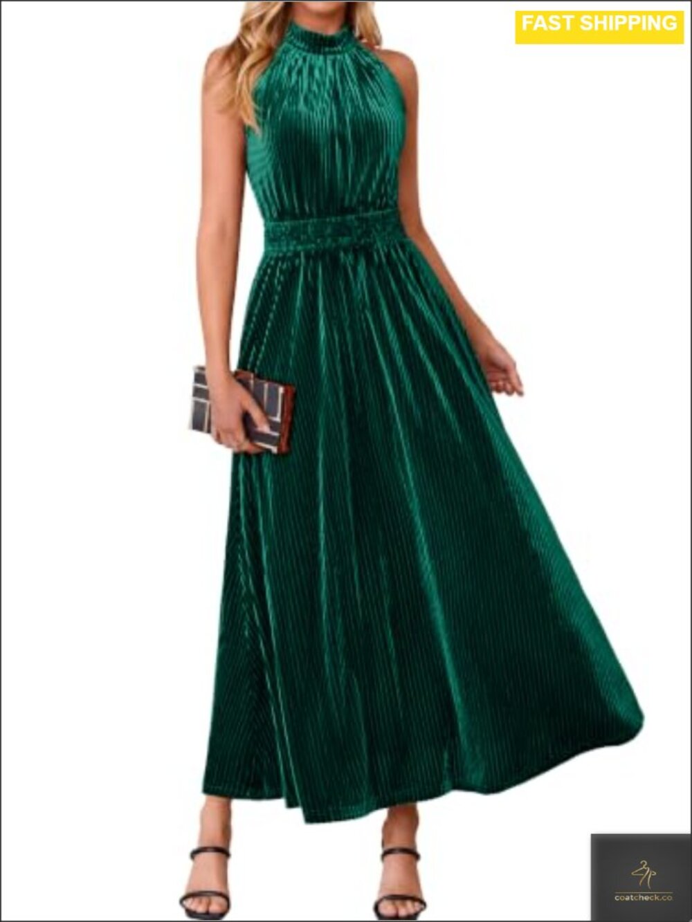 Ribbed Velvet Halter Maxi A-Line Semi Formal Wedding Guest Dress
